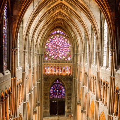 Inspire 2 UAV shooting for tourism and corporate films, inside the Cathedral of Reims, Champagne-Ardenne, Marne, France.