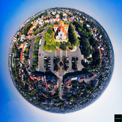 A ‘little big planet’ panoramic view of Notre Dame du Rosaire in Saint-Maur des fossés.